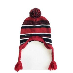 Weatherproof Kids Red Black Striped Earflap‎ Beanie Pom Pom Hat Size 4/7 AC002